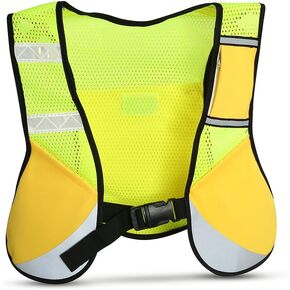 Keenso Reflective Running Vest, Multi-function Running Safety Vest Sports Reflective Mesh Vest with Pocket for Cycling, Night Running, Marathon(Yellow)