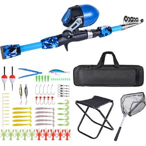 doorslay Kids Fishing Rod and Reel Combo with Collapsible Fishing Stool Landing Net Telescopic Fishing Pole Tackle Box Accessories for Boys and Girls