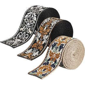 BENECREAT 3 Colors Tan Jacquard Embroidery Webbing, 6 Yards Classic Polycotton Webbing Flower Heavy Duty Webbing Straps for Crafts and Sewing, Purse Strap, Belts, 1.97 Inch