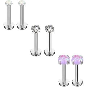 Ruifan Opal & Clear CZ Internally Threaded Stainless Steel Labret Monroe Lip Ring Tragus Helix Earring Stud 16G 5/16" 8mm 6PCS