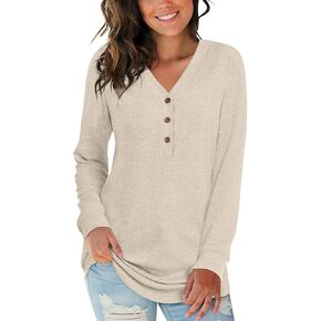 Aodemo Women's Fall Long Sleeve Henley Tops V Neck Tunic Casual Loose Plus Size Winter Blouse 2XL, Navy Blue in Kuwait