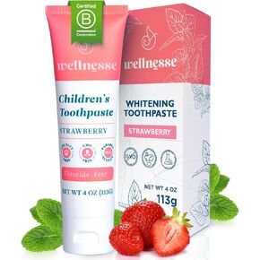 Wellnesse Children’s Toothpaste - Fluoride Free Natural Flavored Toothpaste for Kids and Toddlers - Strawberry - 1 Tube, 4 oz - Made with Hydroxyapatite, Calcium Carbonate, and Aloe Vera