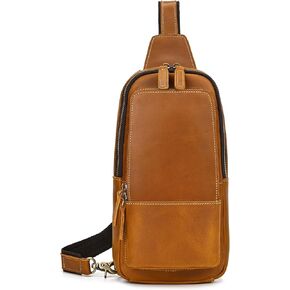 Men Leather Chest Bag Sling Bag Shoulder Bag Leather Outdoor Casual Travel Hiking Crossbody Bag for Men