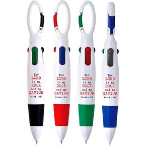G.T. Luscombe Carabiner CHUBBIES, The Lord is My Rock and Savior, Bible Verse, Assorted Color Green, Blue, Red and Black Ink, 4-in-1 Retractable, Ballpoint Pen, Comfort Grip, Set of 4