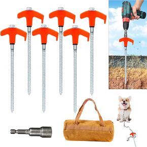 8" Screw in Tent Stakes, 6PCS Ground Anchors Screw in,Screw in Tent Stakes Heavy Duty Drillable Metal Tent Stake Ground Anchor Peg Threaded Tent Spikes with Hex Head Driver and Storage Bags