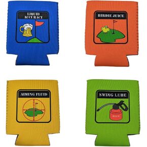 – Neoprene Can Cooler Sleeve Set for 12 oz Cans | Golfer Theme | Birdie Juice ' Aiming Fluid ' Liquid Accuracy ' Swing Lube for Any Golfer - 4 Pack (One of Each)