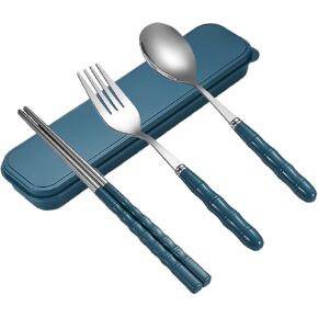 Travel Utensils Portable Silverware Cutlery Set Stainless Steel Reusable Flatware Portable Fork Spoon Chopsticks with Case for Camping Picnic Hiking Office (Dark Blue)