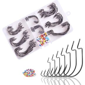 150pcs EWG Offset Worm Hooks Wide Gap Bass Fishing Hooks Kit Includes 3X Strong High Carbon Steel Fish Hooks and Fishing Beads with Tackle Box for Freshwater Saltwater 2# 1# 1/0 2/0 3/0 4/0 5/0