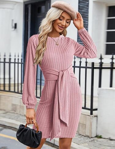 HOTOUCH المرأة فستان منسوج طويل فانوس كم Bodycon فستان Crewneck التعادل الخصر الضلع محبوك فساتين سترة in Kuwait
