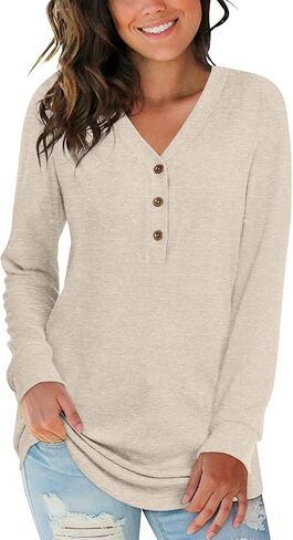 Aodemo Women's Fall Long Sleeve Henley Tops V Neck Tunic Casual Loose Plus Size Winter Blouse 2XL, Navy Blue in Kuwait