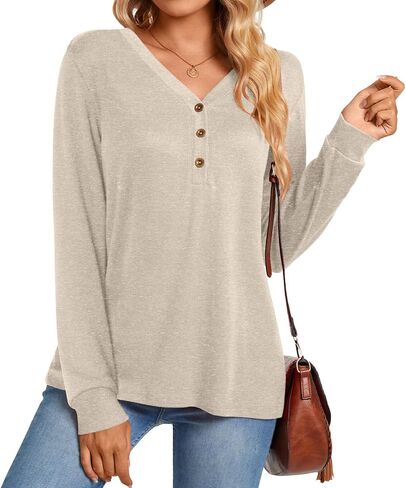 Aodemo Women's Fall Long Sleeve Henley Tops V Neck Tunic Casual Loose Plus Size Winter Blouse 2XL, Navy Blue in Kuwait