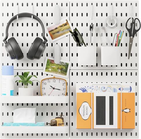 BELLO YON 4 قطع من Pegboard، لوحة Pegboard، ملحقات لوحات تنظيم الحائط Pegboard، مجموعات Pegboard للعرض، لوحة Pegboard معدنية للجدران ورشة عمل مكتب غرفة المرآب، سهلة التركيب (أبيض) in Kuwait