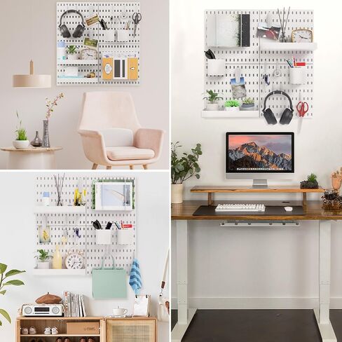 BELLO YON 4 قطع من Pegboard، لوحة Pegboard، ملحقات لوحات تنظيم الحائط Pegboard، مجموعات Pegboard للعرض، لوحة Pegboard معدنية للجدران ورشة عمل مكتب غرفة المرآب، سهلة التركيب (أبيض) in Kuwait