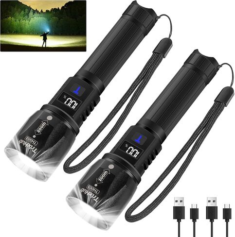 Flashlight 2 Pack, LCD Digital Display Rechargeable Flashlights 1000 High Lumens, 5 Adjustable Mode Tactical Flashlight,Waterproof flashlights for Camping Hiking Outdoor in Kuwait