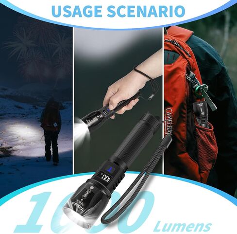 Flashlight 2 Pack, LCD Digital Display Rechargeable Flashlights 1000 High Lumens, 5 Adjustable Mode Tactical Flashlight,Waterproof flashlights for Camping Hiking Outdoor in Kuwait