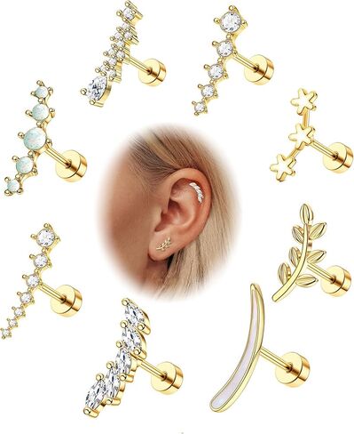 Jstyle 8 Pcs 16G 316L Stainless Steel Cartilage Stud Earring Set for Women Girls Opal CZ Leaf Bar Flat Screw Back Conch Helix Daith Piercing Jewelry in Kuwait