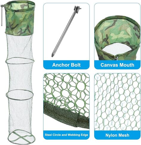 PATIKIL 59"x12" Fishing Cage Basket, Collapsible Fishing Net Nylon Fishing Bait Mesh with Anchor Bolt for Bait Storage Crayfish Minnows Shrimps in Saudi Arabia
