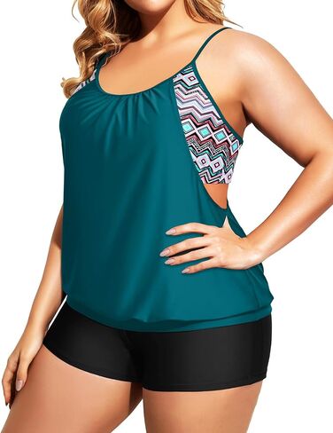 Holipick Plus Size Tankini Swimsuit for Women Two Piece Tummy Control Bathing Suit Blouson Tankini Top with Shorts in Saudi Arabia