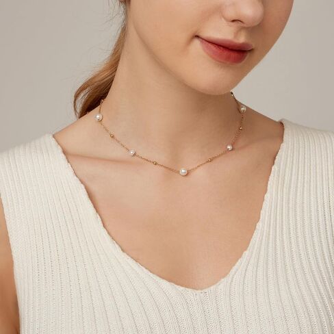 foyjoey Dainty Pearl Choker Necklace Adjustable Handmade Gold Pearl Beaded Chain Necklace for Women Bridesmaid Wedding Jewelry Gifts in Kuwait