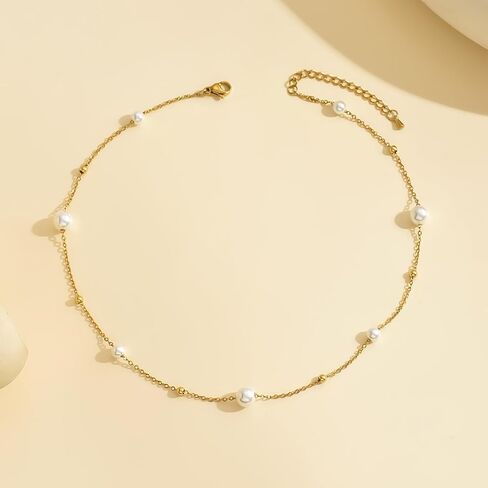 foyjoey Dainty Pearl Choker Necklace Adjustable Handmade Gold Pearl Beaded Chain Necklace for Women Bridesmaid Wedding Jewelry Gifts in Kuwait
