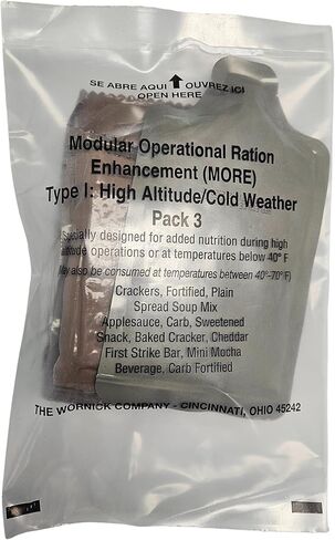 أصيلة USGI M.O.R.E. (حزمة أغذية تعزيز الحصص التشغيلية المعيارية) - مكمل حصص غذائية للتوعية بمخاطر الألغام، أو FSR، أو MCW، أو HDR، أو HALAL، أو KOSHER أو حصص أخرى - حوالي 1000 سعرة حرارية (القائمة 2) in Kuwait