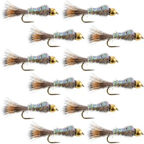 The Fly Fishing Place Bead Head Nymph Fly Fishing Flies - Flashback Gold Ribbed Hare's Ear Trout Fly - 12 Flies Hook Size 14 - One Dozen