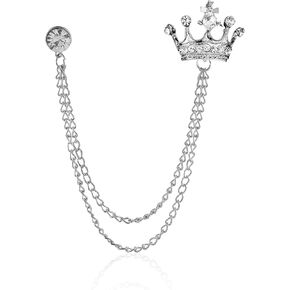 Lapel Pin for Men Stone Detailing with Golden Crown Crystal Chain Brooch Suit Stud, Shirt Studs Men's Accessories