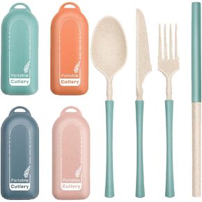 4Pack Folding Cutlery Set with Case, Travel Foldable Collapsible Portable Wheat Spoon Fork Straw Utensil Tableware for Picnic Camping