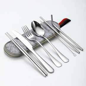 Portable Stainless Steel Flatware Set, Travel Camping Cutlery, Portable Utensil Silverware Dinnerware Set with a Waterproof Case (Black)