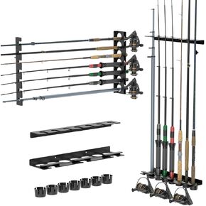 Fishing Rod Holder, Vertical or Horizontal Wall Mounted Fishing Rod Rack, Metal Plastics Dip Moulding Fishing Pole Holders with 7 Rod Capacity for Fishing Reels, Fishing Gear, Garage and Wall Storage