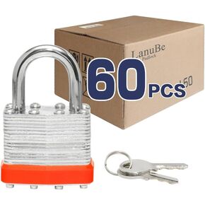 LanuBe Lock Laminated keyed Padlock (1-9/16", 40mm), keyed Alike Locks, Normal Shackle,Marked Orange Plastic Hoop, Pack of 60