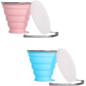 Silicone Collapsible Cups for Camping Travel, Small Portable Drinking Cup with Lids Reusable for Outdoor Hiking 250ml (Blue & Pink, 2Pack)