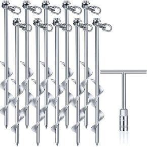 Hiboom Ground Anchor Screw Heavy Duty Earth Anchors Tent Stakes for High Wind with T Handle Hex Wrench Trampoline Hook Ground Stakes for Camping Canopies Car Ports Sheds (10 Pcs,Silver,12 Inch)