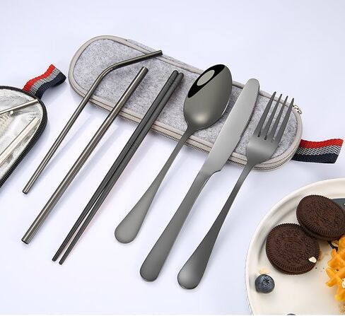 Portable Stainless Steel Flatware Set, Travel Camping Cutlery, Portable Utensil Silverware Dinnerware Set with a Waterproof Case (Black) in Saudi Arabia