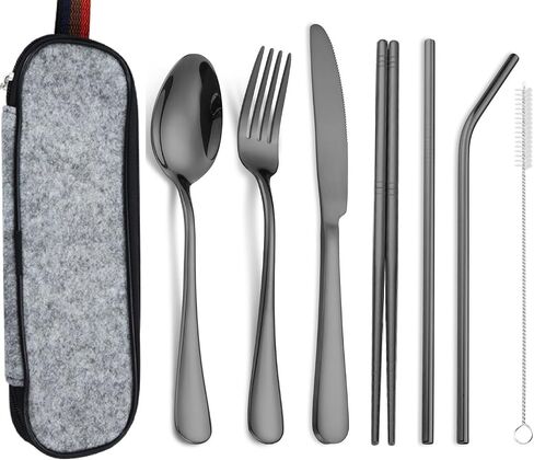 Portable Stainless Steel Flatware Set, Travel Camping Cutlery, Portable Utensil Silverware Dinnerware Set with a Waterproof Case (Black) in Saudi Arabia