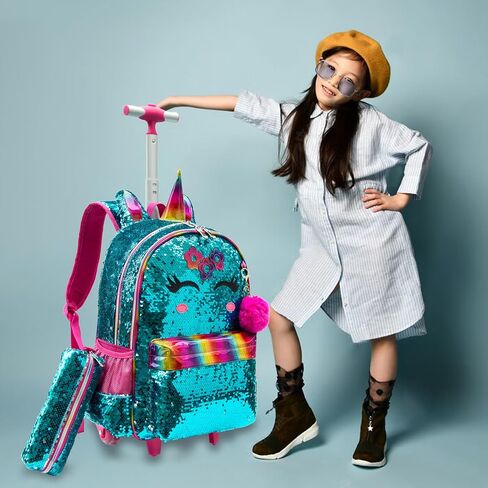 School Kids Rolling Backpack for Girls With Wheels Trolley Wheeled Backpacks for Girls Travel Bags 3PCS Panda Girls Backpack With Lunch Box and Pencil Case Kids Rolling Suitcase Silver Sequin Backpack in Kuwait