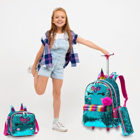 School Kids Rolling Backpack for Girls With Wheels Trolley Wheeled Backpacks for Girls Travel Bags 3PCS Panda Girls Backpack With Lunch Box and Pencil Case Kids Rolling Suitcase Silver Sequin Backpack in Kuwait