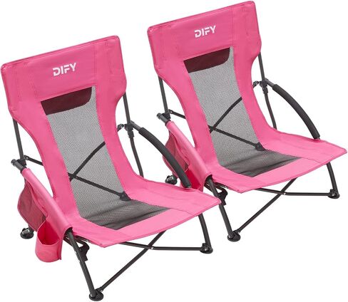 Folding Beach Chair 2 Pack, Lightweight with Storage Bag and Cup Holder, Comfortable and Portable, for Carry or Backpack, Low Beach Chair for Outdoor Activities, Camping, Beach, Events. (Pink) in Saudi Arabia