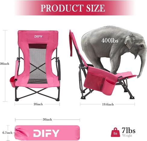 Folding Beach Chair 2 Pack, Lightweight with Storage Bag and Cup Holder, Comfortable and Portable, for Carry or Backpack, Low Beach Chair for Outdoor Activities, Camping, Beach, Events. (Pink) in Saudi Arabia