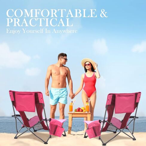 Folding Beach Chair 2 Pack, Lightweight with Storage Bag and Cup Holder, Comfortable and Portable, for Carry or Backpack, Low Beach Chair for Outdoor Activities, Camping, Beach, Events. (Pink) in Saudi Arabia
