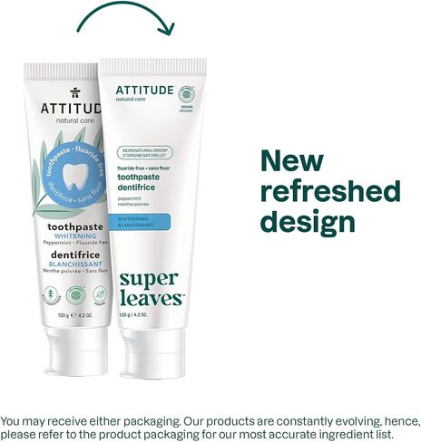 ATTITUDE Fluoride-Free Toothpaste, Plant- and Mineral-Based Ingredients, Vegan, Cruelty-Free and Sugar-Free, Whitening, Peppermint, 4.2 Oz (16741) in Saudi Arabia