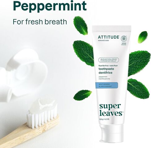 ATTITUDE Fluoride-Free Toothpaste, Plant- and Mineral-Based Ingredients, Vegan, Cruelty-Free and Sugar-Free, Whitening, Peppermint, 4.2 Oz (16741) in Saudi Arabia