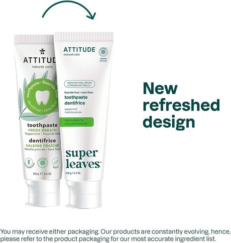 ATTITUDE Fluoride-Free Toothpaste, Plant- and Mineral-Based Ingredients, Vegan, Cruelty-Free and Sugar-Free, Whitening, Peppermint, 4.2 Oz (16741) in Saudi Arabia