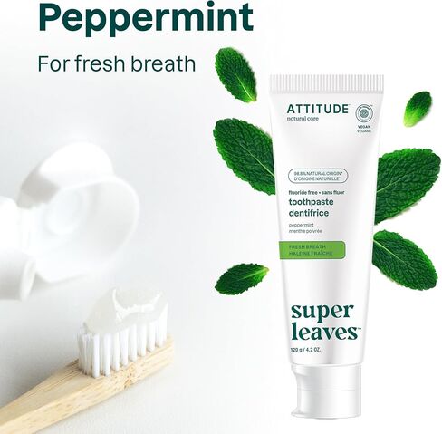 ATTITUDE Fluoride-Free Toothpaste, Plant- and Mineral-Based Ingredients, Vegan, Cruelty-Free and Sugar-Free, Whitening, Peppermint, 4.2 Oz (16741) in Saudi Arabia