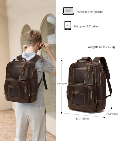 LANNSYNE Vintage Genuine Leather Backpack for men, 15.6" Laptop Backpack Travel Camping 24L Rucksack in Kuwait