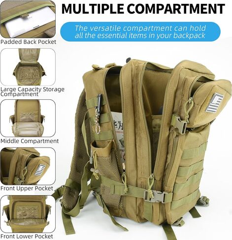 Tactical Backpack - Military Molle Bag 3 Days Pack for men and Women Large Assault Rucksack 45L (Khaki) in Kuwait