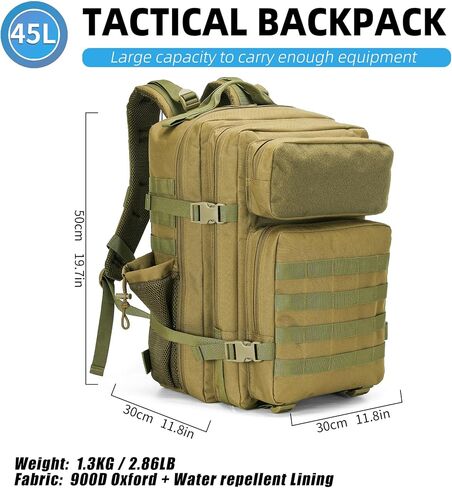 Tactical Backpack - Military Molle Bag 3 Days Pack for men and Women Large Assault Rucksack 45L (Khaki) in Kuwait