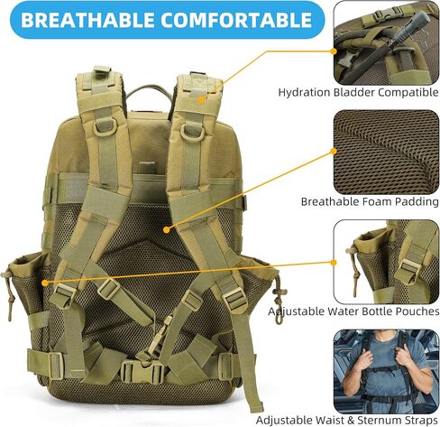 Tactical Backpack - Military Molle Bag 3 Days Pack for men and Women Large Assault Rucksack 45L (Khaki) in Kuwait