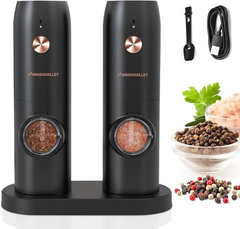 NIDOUILLET Electric Salt and Pepper Grinder Set Rechargeable, Automatic Salt and Pepper Mill Grinder with Adjustable Coarseness and LED Light, One-Hand Operated Stainless Steel Salt Pepper Mill 2PCS in Saudi Arabia