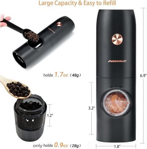 NIDOUILLET Electric Salt and Pepper Grinder Set Rechargeable, Automatic Salt and Pepper Mill Grinder with Adjustable Coarseness and LED Light, One-Hand Operated Stainless Steel Salt Pepper Mill 2PCS in Saudi Arabia
